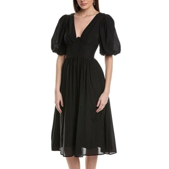 Farm Rio Women's Black Puff Sleeve Midi Dress Medium - Picture 1 of 12